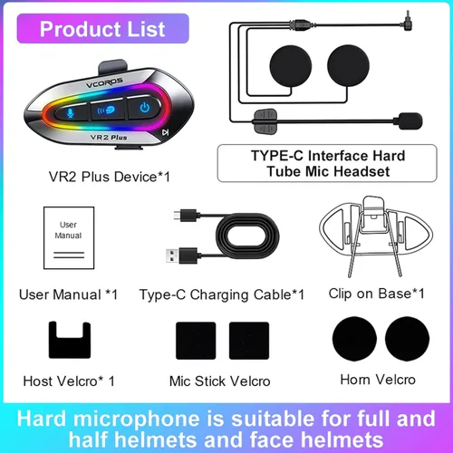 Vista 8 de VCOROS Auriculares para casco de motocicleta con luces RGB, intercomunicador de casco de 2 vías para 2 conductores, intercambio de música (N+), chip