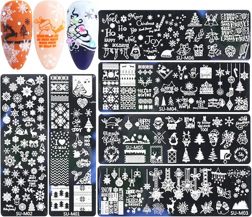 Vista 11 de Juego de 6 plantillas de estampado de uñas con líneas francesas, flores, hojas, diseño de corazón sonriente, kits de estampado artístico