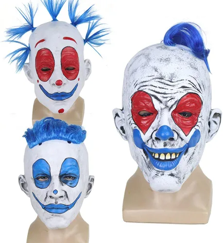 Vista 2 de Máscara de payaso cosplay de Halloween, capucha de látex de cabello azul de cara completa. 2 piezas.