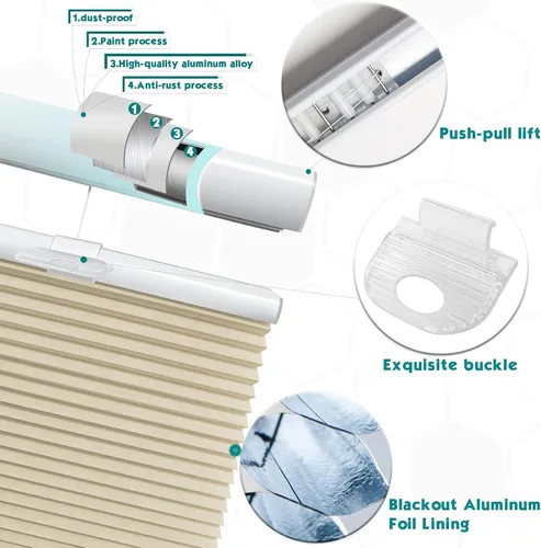 Vista 3 de Keego Persianas opacas de ventana de arriba hacia abajo, sin cordón, persianas de panal para puertas de ventanas de baño, cocina, beige (opaca)