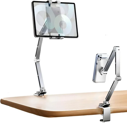 Vista 8 de Soporte para tablet para escritorio, monitor de escritorio de aleación de aluminio para iPad con base giratoria de 360°, brazo ajustable y plegable