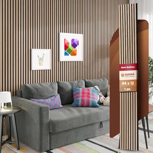 Vista 23 de Avana Paneles de pared de madera acústica de 94.4 x 12.6 pulgadas, 2 piezas de paneles acústicos de roble negro, paneles de pared para decoración