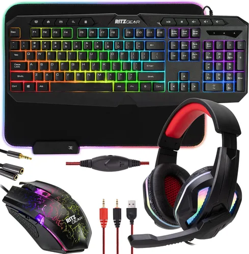 Ritz Gear Kit de accesorios para juegos RGB | Paquete de retroiluminación LED arcoíris 4 en 1 Combo de PC con teclado multimedia, mouse óptico,