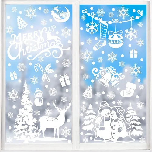 Vista 4 de SULOLI Adhesivos de Ventana de Navidad para Navidad, 141 Calcomanías Estáticas de Copos de Nieve Adornos de Ventana de Navidad para Suministros