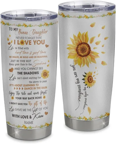 Vista 32 de Vaso de acero inoxidable personalizado con texto en inglés «To My Bonus Daughter From Stepmom», vaso curvado de 20 onzas con diseño de girasol