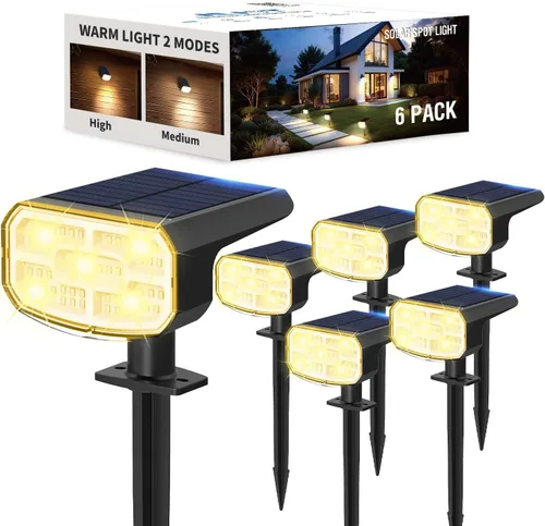 Vista 14 de Luces solares para exteriores, impermeables, IP65, encendido/apagado automático, 2700 K, 2 modos de iluminación, LED súper brillante, luces solares