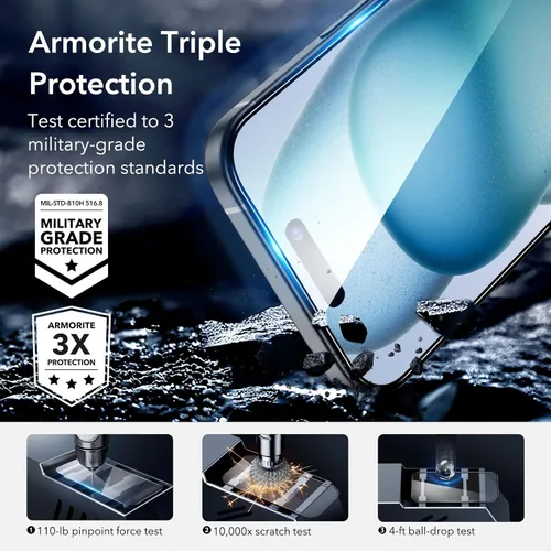 Vista 2 de ESR Juego de 3+1 protectores de pantalla Armorite para iPhone 15, vidrio templado ultrarresistente, marco de fácil instalación, paquete de 3 con 1