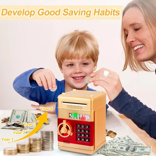 Vista 2 de Refasy Alcancía para dinero en efectivo, cajero automático, banco electrónico de monedas para niños de 3 a 12 años, caja de ahorro de dinero, mini