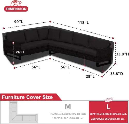 Vista 2 de Turtle Life Funda para sofá modular de patio, resistente a los rayos UV, resistente al agua, antidecoloración, en forma de L, color negro