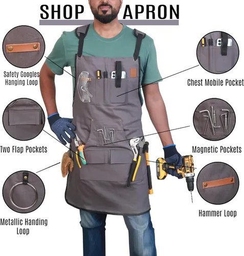Vista 2 de Woodworking Apron for Men - 9 Reinforced Pockets Durable Canvas Padded Cross Straps - Woodworking Gifts for Men