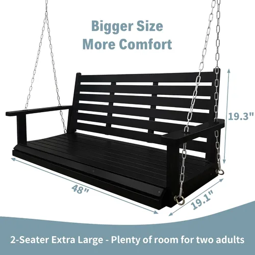 Vista 3 de Columpio de madera para porche, asiento ergonómico, columpio de banco con cadenas para colgar y resortes de 0.276 in, resistente, 880 libras