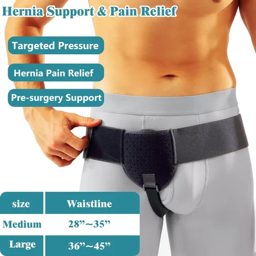 Vista 2 de Cinturón de hernia inguinal para hombres y mujeres – Truss de soporte de compresión ajustable con fuerte correa de velcro en la cintura, correa