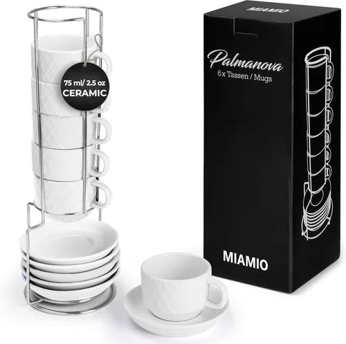 Vista 7 de MIAMIO - 6 tazas de café expreso de gres de 2.5 onzas, juego moderno de tazas con soporte y platillos - Colección Palmanova (negro)