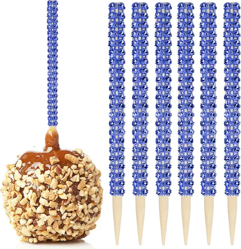 Vista 10 de 32 PIEZAS de Palitos de Manzana de Caramelo Brillantes de Bambú, Brochetas de Punta de Madera con Envoltura de Malla de Diamantes y Pedrería