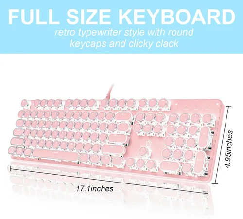 Vista 5 de Teclado mecánico para juegos estilo máquina de escribir con retroiluminación LED con interruptor azul retro redondo teclado de 104 teclas