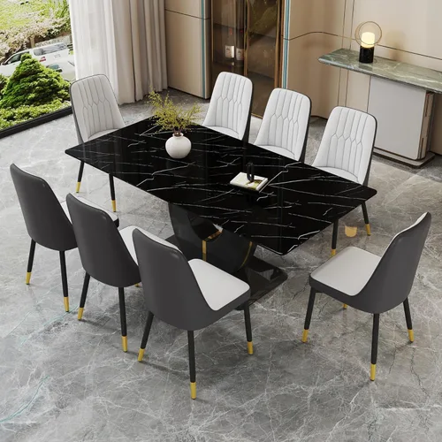 Vista 129 de JUFU Juego de mesa de comedor moderno para 4, juego de mesa de cocina rectangular de 63 pulgadas con mesa de mármol sintético y 4 sillas tapizadas