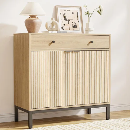 Vista 10 de Mericonia Aparador Buffet Gabinete Almacenamiento, Consola de madera moderna acanalada Credenza