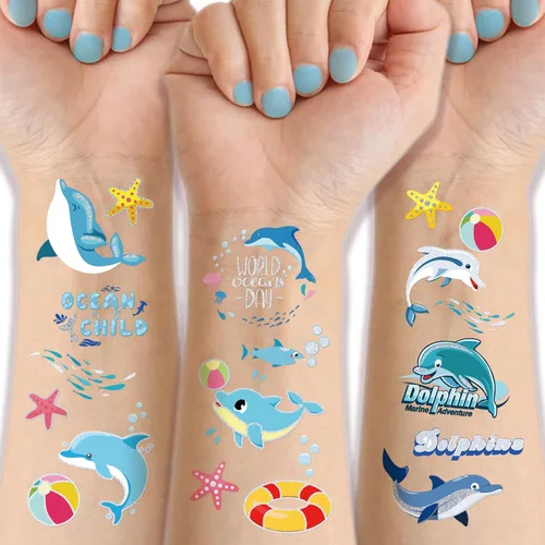 Tatuajes temporales con purpurina de delfín para niños, 4 hojas de tatuajes falsos bronceadores para niñas y niños, lindos tatuajes de animales