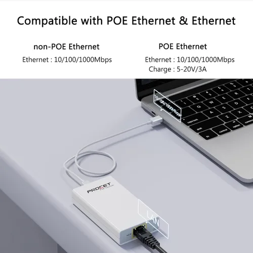 Vista 3 de Convertidor Gigabit PoE a USB C para teléfono inteligente/tableta, adaptador USB-C a Ethernet con carga de 60 W, alimentación y datos 2 en 1 puerto