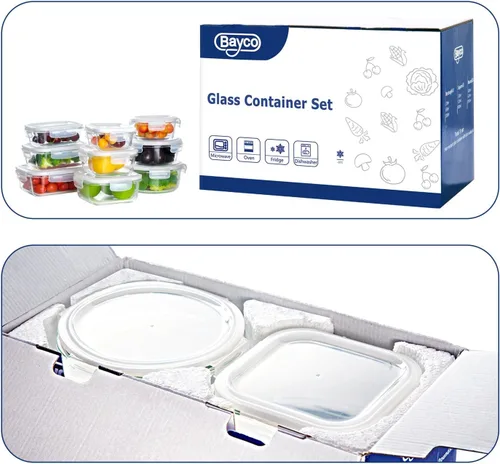 Vista 2 de Bayco - 9 juegos de recipientes de vidrio con tapa, recipientes herméticos de vidrio para preparación de comidas, para almacenamiento de alimentos