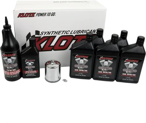 Vista 14 de Kit para cambio de aceite sintético de motor Klotz de 4 cuartos de galón 20W/50 para Evolution Sportster 1986-2022 - Kit premium
