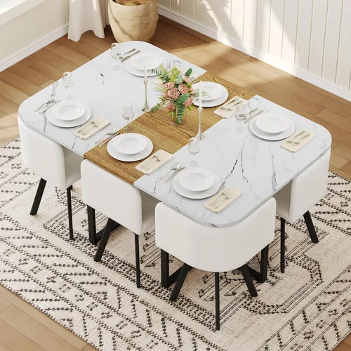 Vista 26 de Juego de mesa de comedor redonda de 39.5 pulgadas para 4, juego de mesa de comedor de 5 piezas con 4 sillas plegables, juego de sillas de mesa