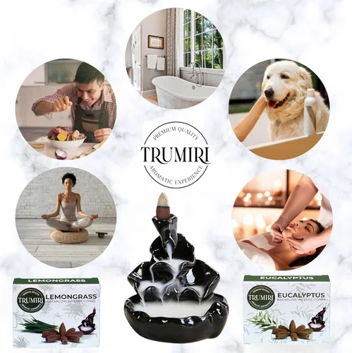 Vista 3 de TRUMIRI Conos de incienso de reflujo – Paquete combinado de 20 conos de incienso en cascada – 10 limoncillo + 10 eucaliptos – Conos de incienso