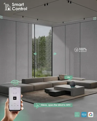 Vista 4 de Yoolax Persianas deslizantes inteligentes XL personalizadas, panel motorizado compatible con Alexa, vertical opaco para vidrio, patio, puertas