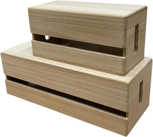 2 Set of Masuda Paulownia Wood Cable Management Box – Handmade Wooden Cord Organizer for Power Strips, Routers, Chargers – Eco-Friendly Desktop