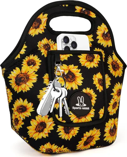 Vista 8 de Sports rabbit Lonchera térmica de neopreno para mujer, bolsa de almuerzo plegable con bolsillo frontal para teléfono y llaves, reutilizable, ligera