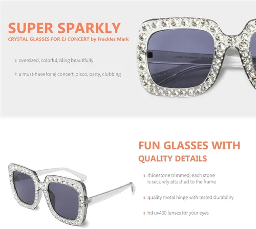 Vista 5 de Freckles Mark Elton Rhinestone Oversized Sunglasses Womens Men Trendy Square Swift Eras Star Glasses for Concert Disco Outfit