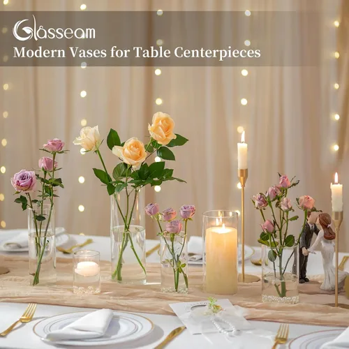 Vista 4 de Glasseam Portavelas cilíndrico de cristal: juego de 12 portavelas de huracán para velas de pilar, jarrones transparentes para centros de mesa