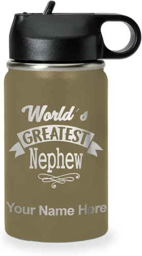 Vista 13 de LaserGram Personalized Water Bottle, World's Greatest Nephew, Stainless Steel Double Wall Vacuum Insulated with Flip Top Straw, Custom Engraved Gift