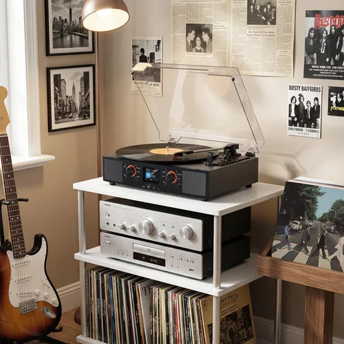 Vista 8 de Reproductor de discos de vinilo con altavoces integrados, tocadiscos de 3 velocidades con transmisión por correa, reproducción Bluetooth y USB