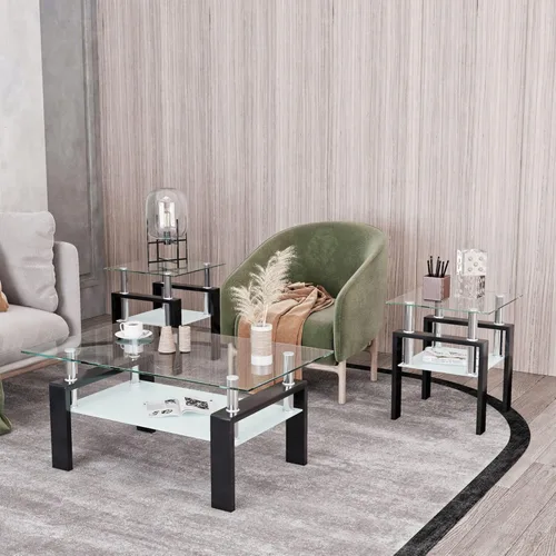 Vista 7 de IANIYA Juego de mesa de 3 piezas para sala de estar, moderno juego de mesa auxiliar de vidrio templado, mesa auxiliar de vidrio con marco de metal