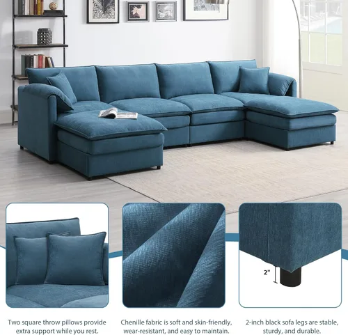 Vista 237 de Sofá modular de felpilla con tapicería en forma de L, sofá modular de 4 asientos con otomana extraíble y 5 almohadas para sala de estar, apartamento
