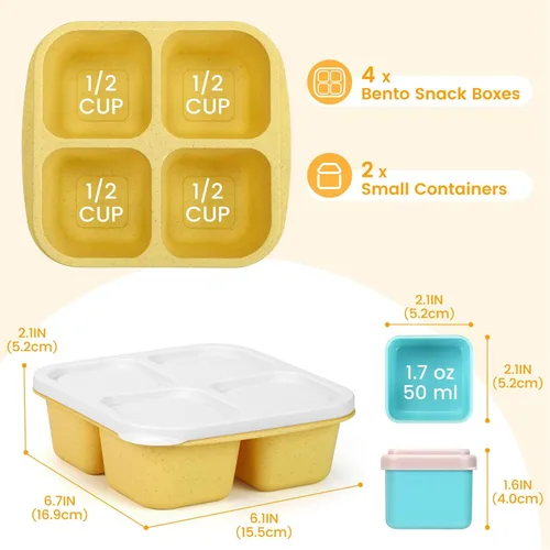 Vista 5 de Caperci Recipientes para aperitivos con 4 compartimentos (paquete de 4) con 2 tazas de salsa a prueba de fugas, recipientes divididos reutilizables