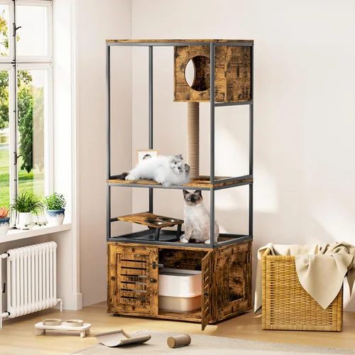 Lamerge Árbol para gatos con caja de arena, caja de arena grande todo en 1, condominio para gatos con postes rascadores y cuenco de alimentación
