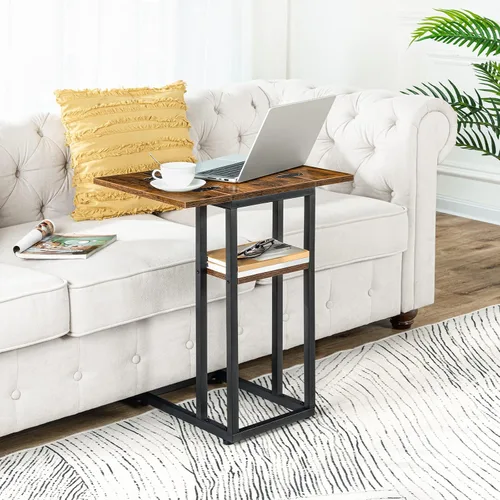 Vista 7 de HOOBRO Mesa auxiliar plegable, mesa lateral en forma de C con estante de almacenamiento, pequeña mesa de aperitivos adecuada para sala de estar