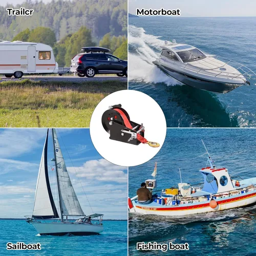 Vista 7 de Doppy Cabrestante de remolque de barco de 3500 libras, cabrestante manual gancho resistente con correa roja de 32 pies, relación de engranaje: 4