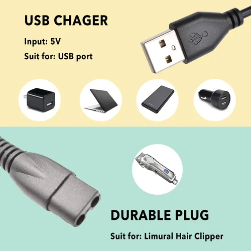 Vista 5 de Cargador compatible con cortadoras de cabello Limural para hombres, cable de carga de repuesto para cortadoras de cabello Limural, adaptador