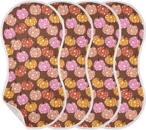 Muslin Baby Burp Cloths, Retro Pumpkin 70s Hippie Muslin Washcloths Baby Bibs Rags Comfy Soft Absorbent in for Newborn Boys and Girls 4 Piece 22 x