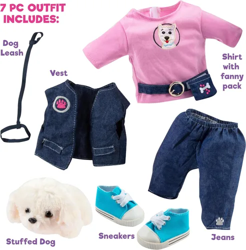 Vista 2 de Conjunto de 7 paseadores para perros con cachorro de mascota, ropa de muñeca de 18 pulgadas y accesorios compatibles con muñecas American Girl