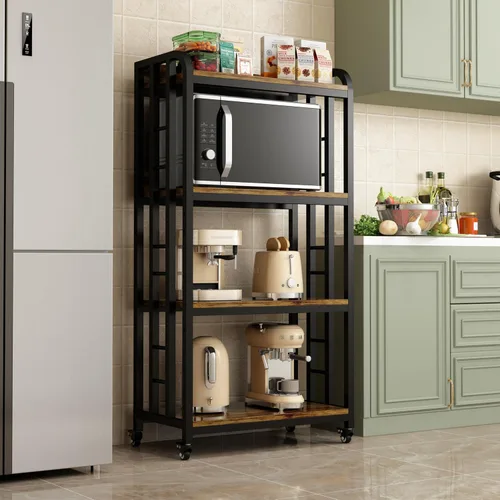 Vista 3 de Estante de cocina de 4 niveles con ruedas giratorias, soporte para carrito de horno de microondas, unidad de almacenamiento ajustable, estante