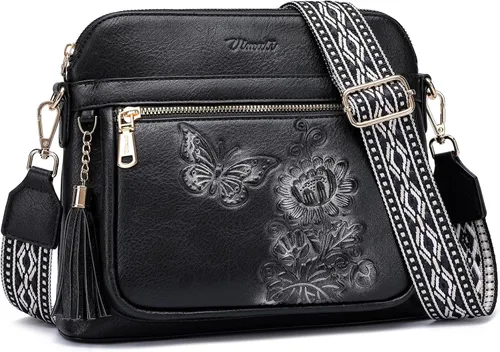 Vista 8 de Bolsos cruzados para mujer, a la moda, de piel vegana, bolso cruzado de viaje con múltiples bolsillos y borla Embossed Design, Adjustable Strap