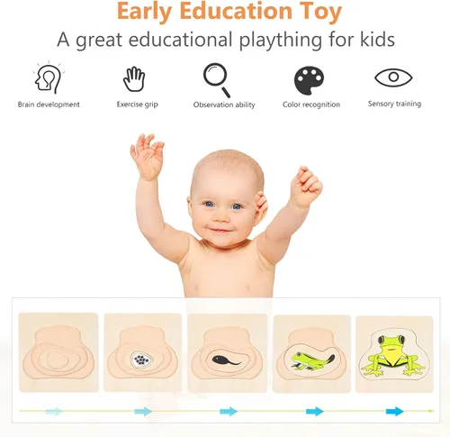 Vista 3 de jojofuny 1 juego de rompecabezas de madera multicapa, ciclo de vida de rana, juguete Montessori de dibujos animados, rompecabezas de bricolaje