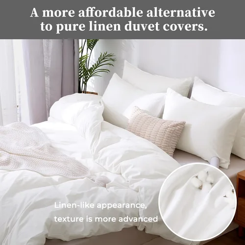Vista 4 de ATsense Funda de edredón tamaño individual, 100% algodón lavado, sensación de lino, funda de edredón blanco hueso, juego de ropa de cama de 3