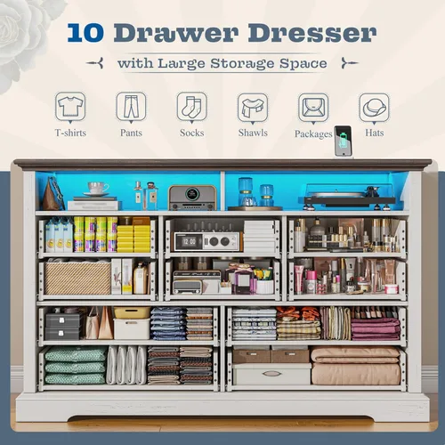 Vista 3 de Cómoda Romorgniz con 10 cajones blanca para dormitorio, cómoda grande de estilo granja con luces LED y estación de carga para dormitorio