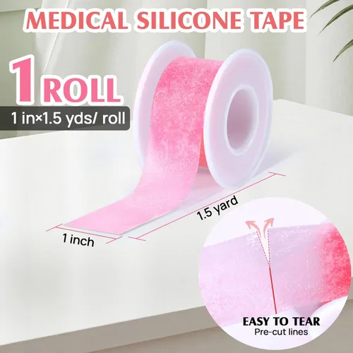 Vista 2 de Cinta médica de silicona -1 pulgada × 1.5 yardas (1 rollo) Cinta impermeable para el cuidado de heridas de piel sensible, sin látex, eliminación sin