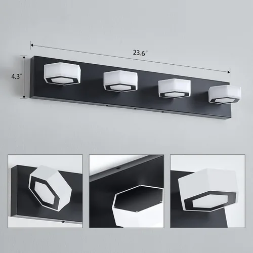 Vista 4 de Lanhall Lámpara LED de baño de 4 luces, moderna luz negra sobre espejo, iluminación de pared acrílica para baño, brillo de 32 W, regulable, 4000 K